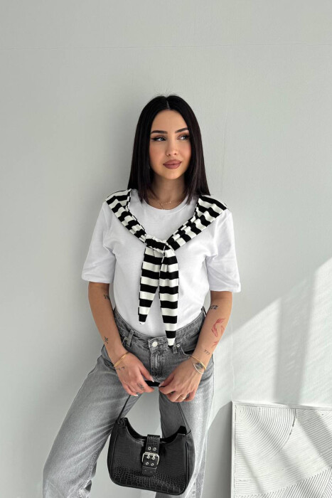 LACING DETAIL SIMPLE WOMEN T-SHIRT BLACK-WHITE/ZEBA - KLAUDIO FASHION