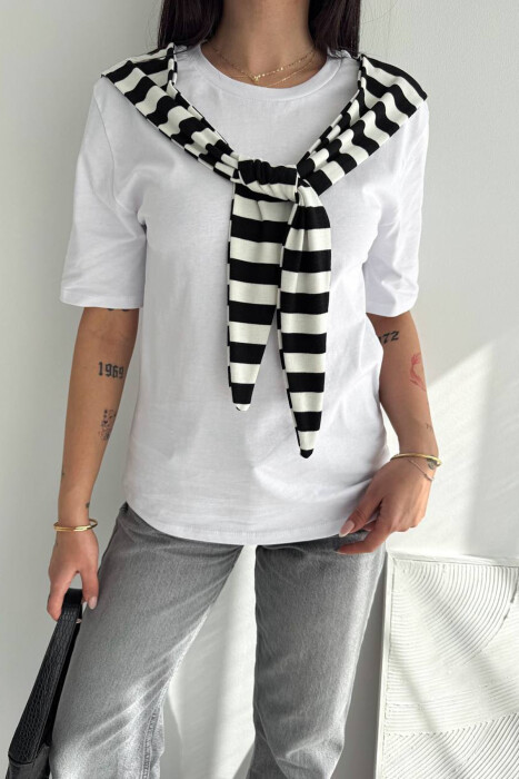 LACING DETAIL SIMPLE WOMEN T-SHIRT BLACK-WHITE/ZEBA - 2