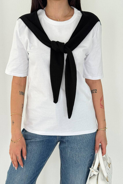 LACING DETAIL SIMPLE WOMEN T-SHIRT WHITE-BLACK/BAZE 