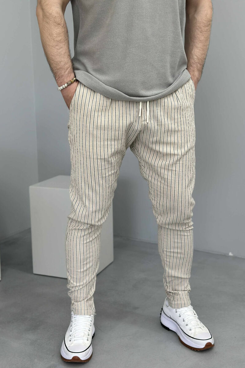 LACING DETAIL STRIPED MEN PANTS BEIGE/BEZHE - 1