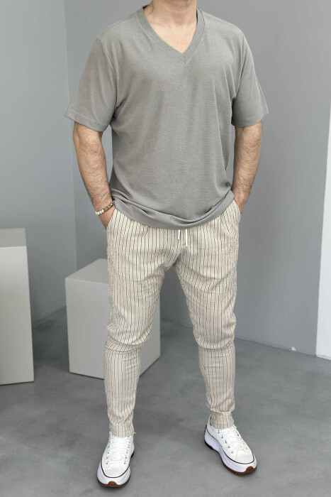 LACING DETAIL STRIPED MEN PANTS BEIGE/BEZHE - 2