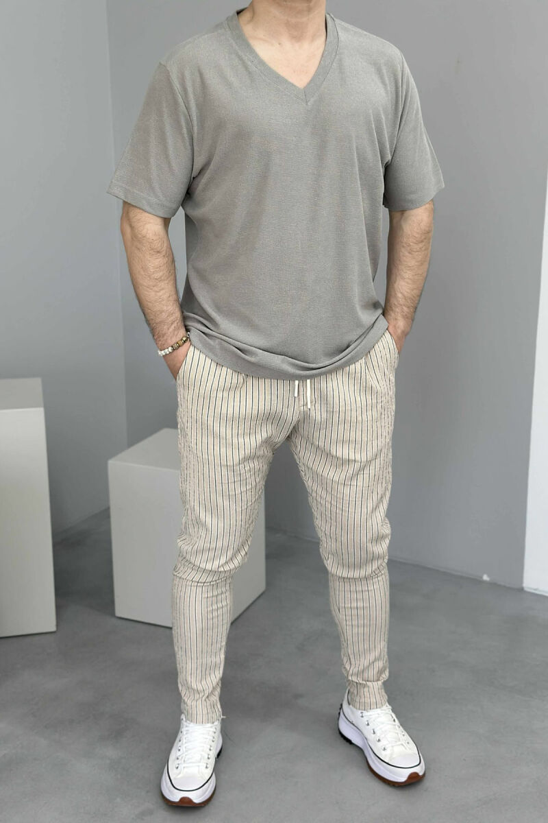 LACING DETAIL STRIPED MEN PANTS BEIGE/BEZHE - 2