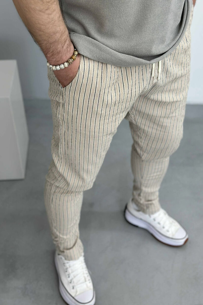 LACING DETAIL STRIPED MEN PANTS BEIGE/BEZHE - 3