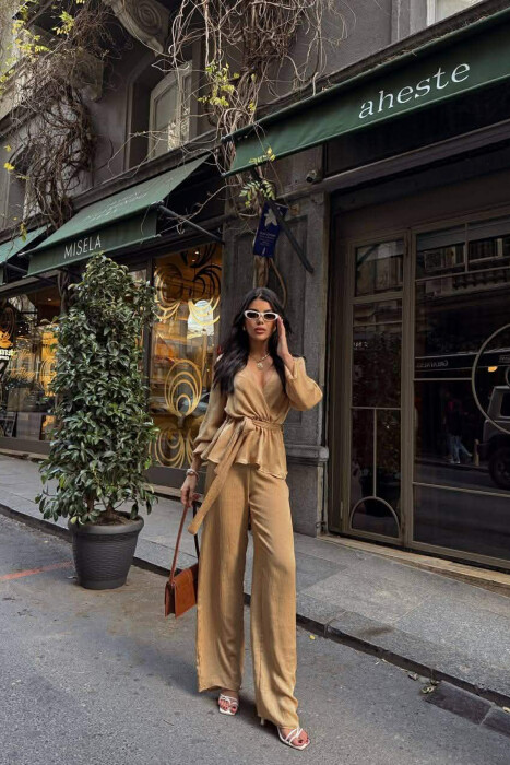 LACING DETAIL SWEATSHIRT+TROUSERS WOMEN SET BEIGE/BEZHE - KLAUDIO FASHION