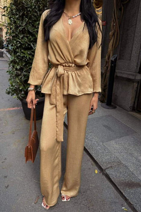 LACING DETAIL SWEATSHIRT+TROUSERS WOMEN SET BEIGE/BEZHE - 4