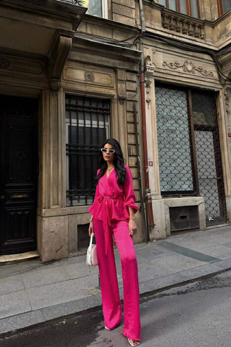 LACING DETAIL SWEATSHIRT+TROUSERS WOMEN SET FUCHSIA/CIKLAMI - KLAUDIO FASHION