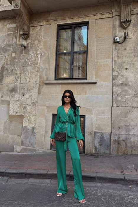 LACING DETAIL SWEATSHIRT+TROUSERS WOMEN SET GREEN/JESHILE - KLAUDIO FASHION