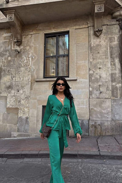 LACING DETAIL SWEATSHIRT+TROUSERS WOMEN SET GREEN/JESHILE - 3