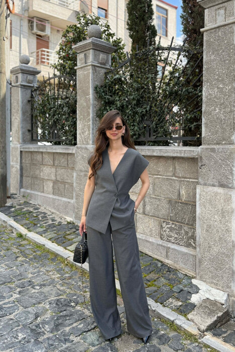 LACING DETAIL VEST +TROUSERS WOMAN SET DARK GREY/GEE - KLAUDIO FASHION