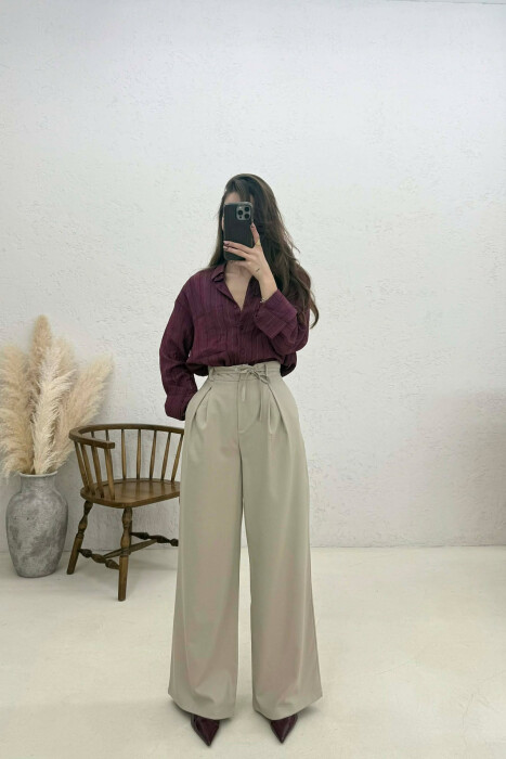 LACING DETAIL WIDE LEG WOMAN TROUSERS BEIGE/BEZHE - KLAUDIO FASHION