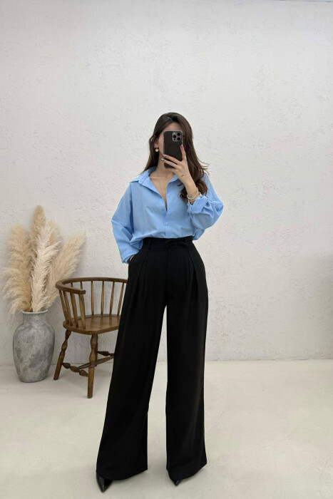 LACING DETAIL WIDE LEG WOMAN TROUSERS BLACK/ E ZEZE - KLAUDIO FASHION