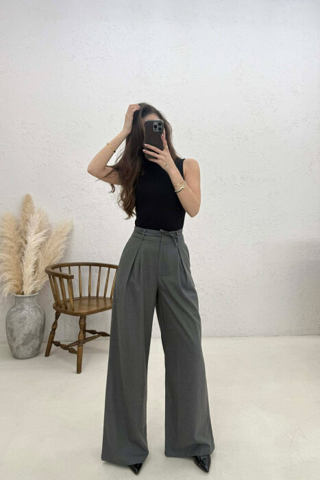 LACING DETAIL WIDE LEG WOMAN TROUSERS DARK GREY/GEE - KLAUDIO FASHION