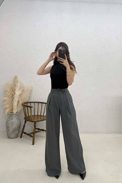 LACING DETAIL WIDE LEG WOMAN TROUSERS DARK GREY/GEE - 4