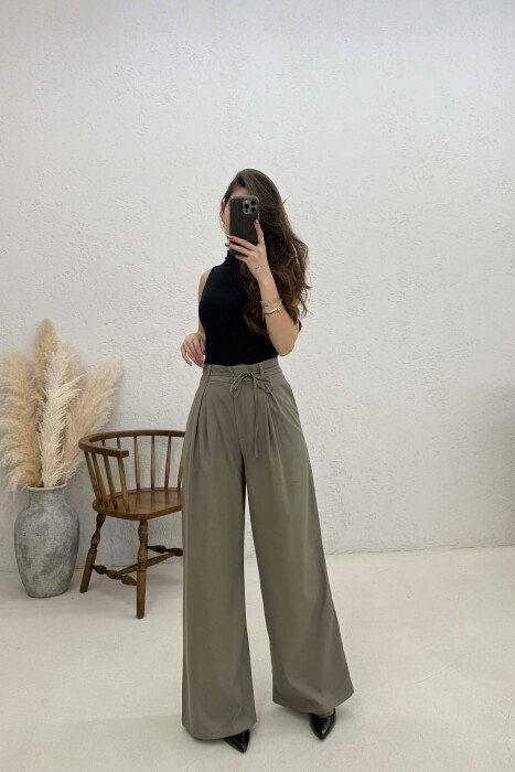 LACING DETAIL WIDE LEG WOMAN TROUSERS OLIVE/ULLI - KLAUDIO FASHION