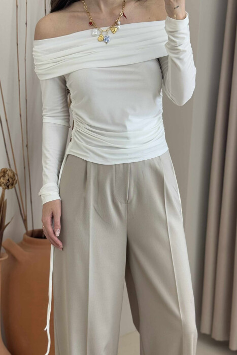 LACING DETAILS ONE COLOR ELASTIC WOMEN SWEATSHIRT WHITE-E BARDHE - 2