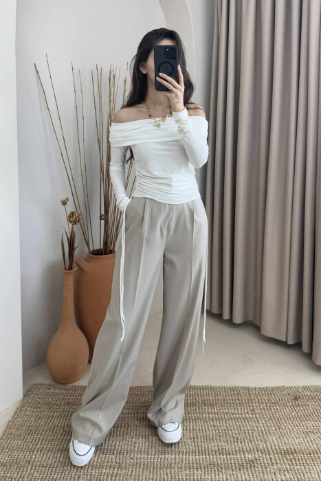 LACING DETAILS ONE COLOR ELASTIC WOMEN SWEATSHIRT WHITE-E BARDHE - 1