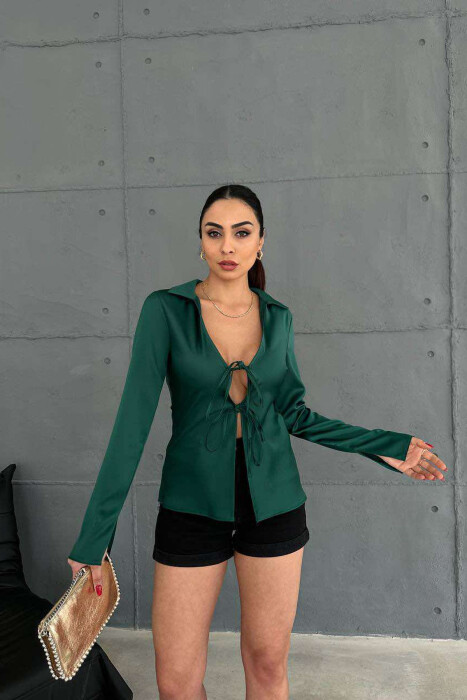 LACING DETAILS ONE COLOR WOMEN SHIRT DARK GREEN/JEE 