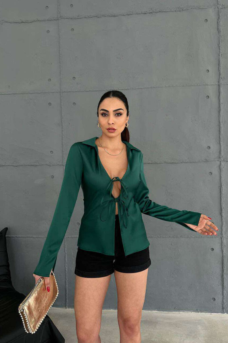 LACING DETAILS ONE COLOR WOMEN SHIRT DARK GREEN/JEE - 1
