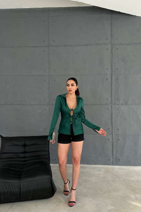 LACING DETAILS ONE COLOR WOMEN SHIRT DARK GREEN/JEE - 3