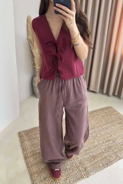 LACING DETAILS ONE COLOR WOMEN VEST BURGUNDY/VISHNJE - 4