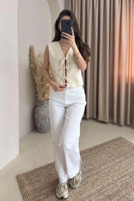LACING DETAILS ONE COLOR WOMEN VEST CREAM/KREM - 3