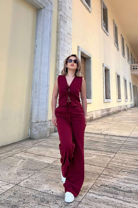 LACING DETAILS TANK TOP+TROUSERS ONE COLOR WOMEN SET BURGUNDY/VISHNJE 