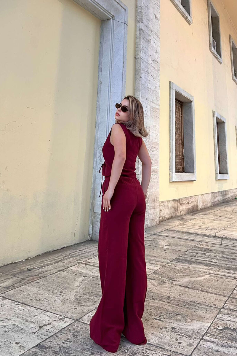 LACING DETAILS TANK TOP+TROUSERS ONE COLOR WOMEN SET BURGUNDY/VISHNJE - 2