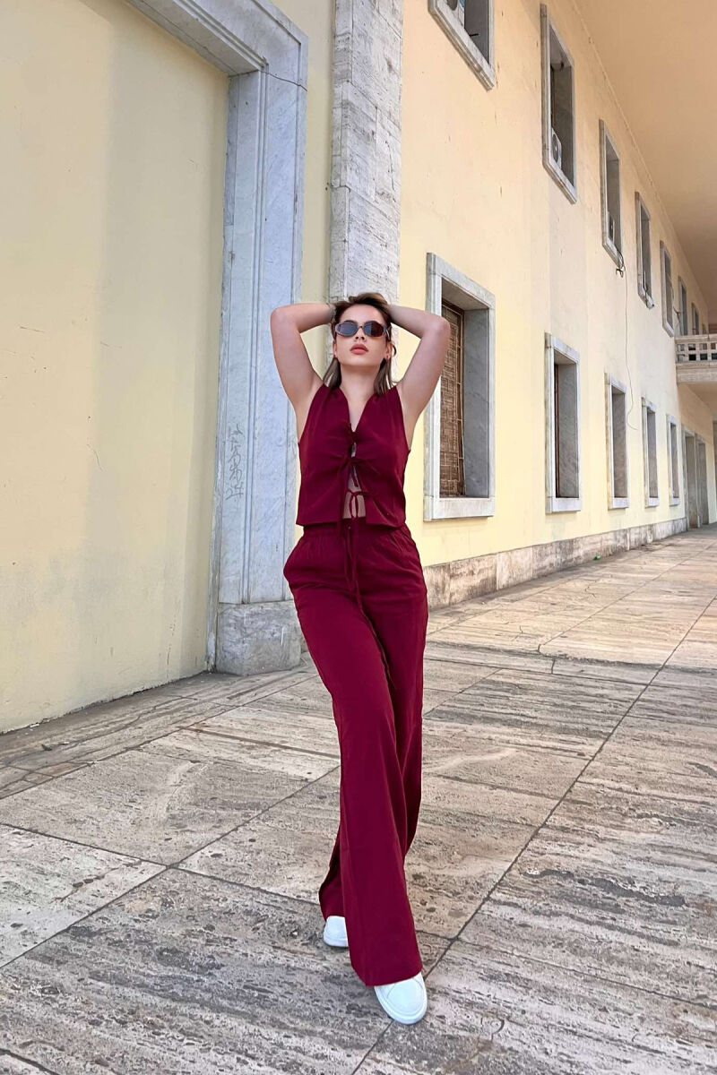 LACING DETAILS TANK TOP+TROUSERS ONE COLOR WOMEN SET BURGUNDY/VISHNJE - 3