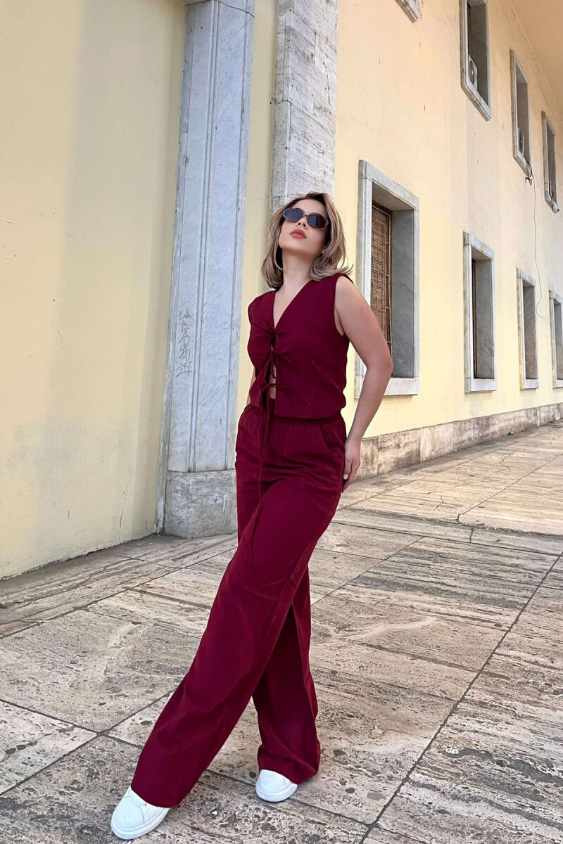 LACING DETAILS TANK TOP+TROUSERS ONE COLOR WOMEN SET BURGUNDY/VISHNJE - 4