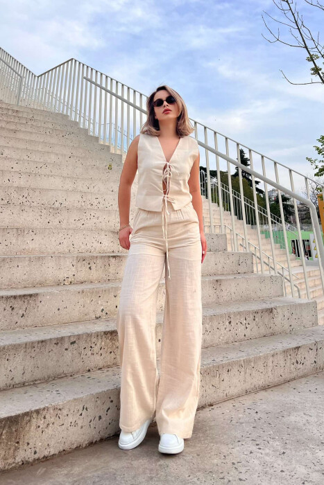 LACING DETAILS TANK TOP+TROUSERS ONE COLOR WOMEN SET CREAM/KREM 