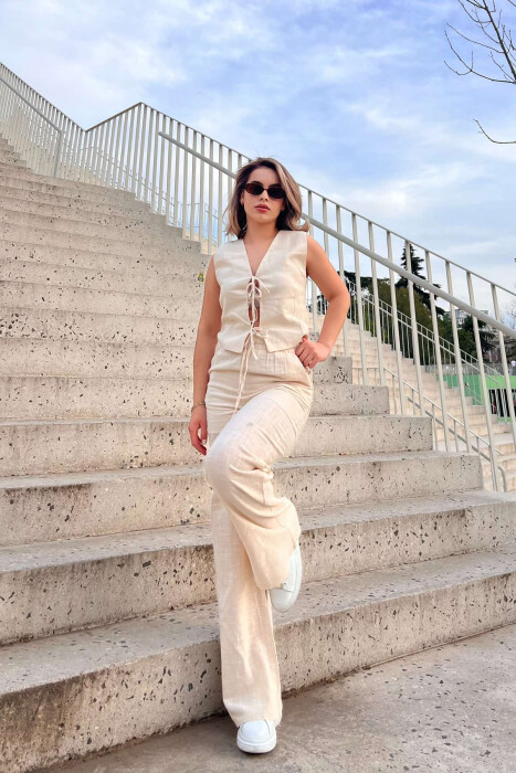 LACING DETAILS TANK TOP+TROUSERS ONE COLOR WOMEN SET CREAM/KREM - 3