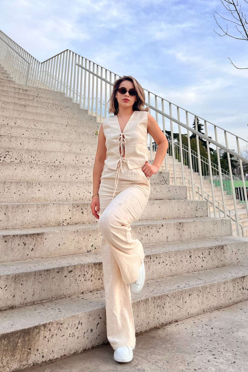 LACING DETAILS TANK TOP+TROUSERS ONE COLOR WOMEN SET CREAM/KREM - 3