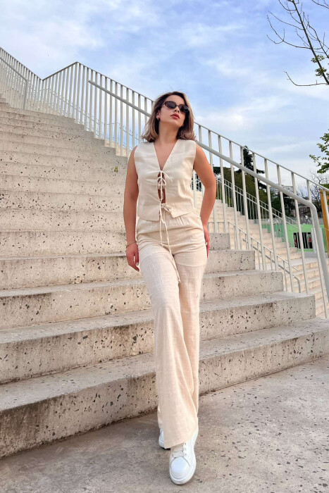 LACING DETAILS TANK TOP+TROUSERS ONE COLOR WOMEN SET CREAM/KREM - 4
