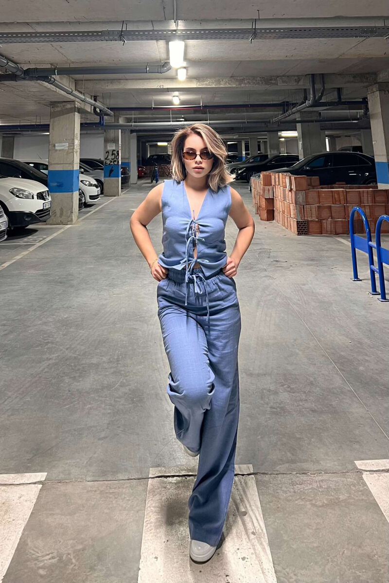 LACING DETAILS TANK TOP+TROUSERS ONE COLOR WOMEN SET LIGHTBLUE/BZ - 1