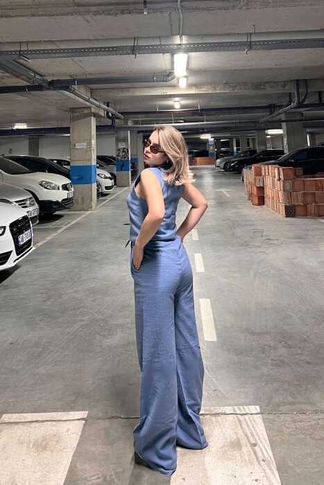LACING DETAILS TANK TOP+TROUSERS ONE COLOR WOMEN SET LIGHTBLUE/BZ - 2
