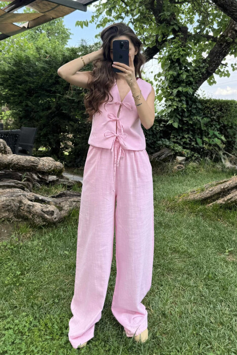 LACING DETAILS TANK TOP+TROUSERS ONE COLOR WOMEN SET PINK/ROZE 