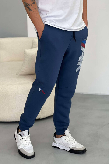LACING ELASTIC WAIST MEN SWEATPANTS IN BLUE COLOR - 4