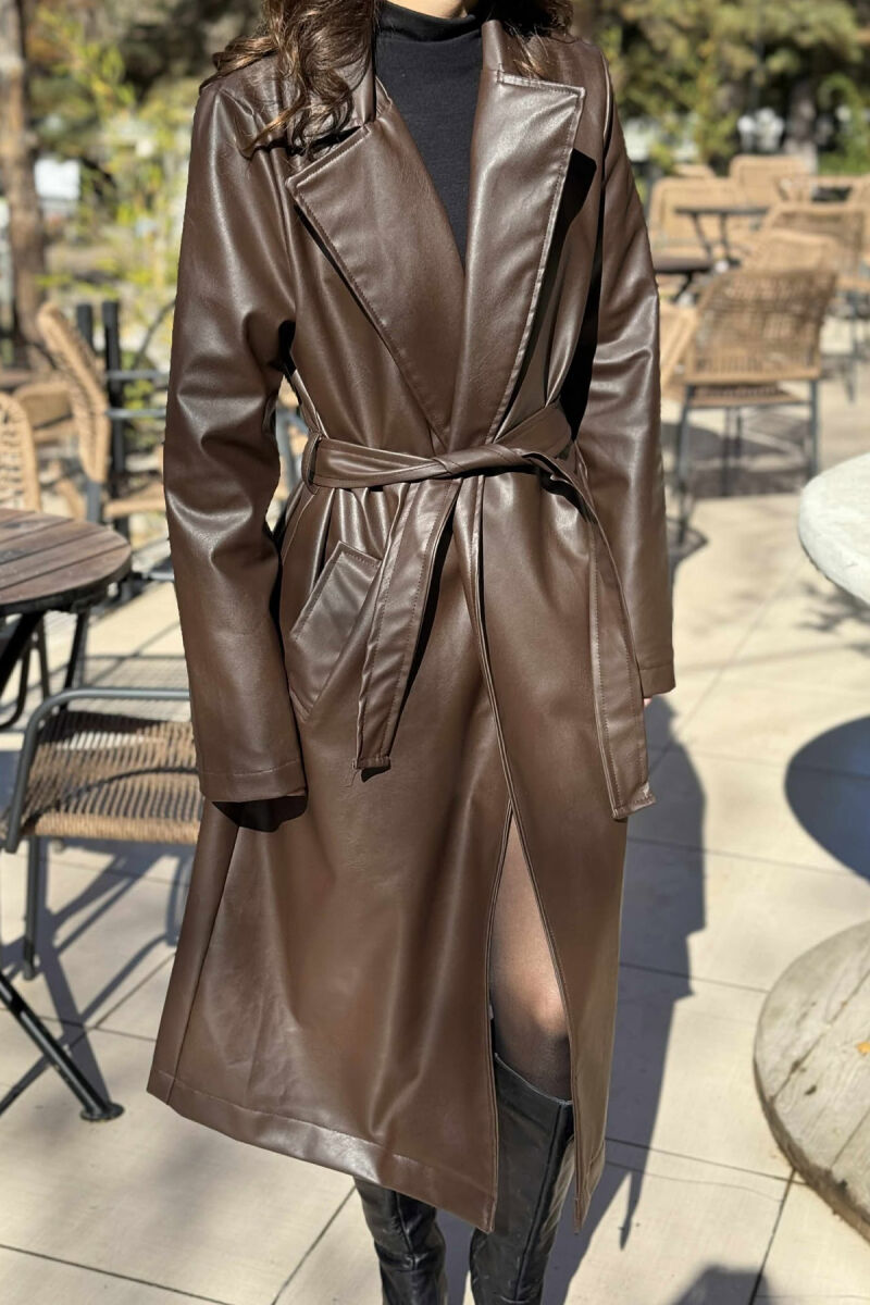 LACING LONG LEATHER WOMEN JACKET BROWN/KAFE - 4