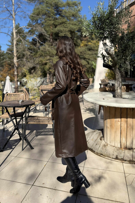 LACING LONG LEATHER WOMEN JACKET BROWN/KAFE - 3