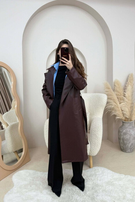 LACING LONG LEATHER WOMEN JACKET BURGUNDY/VISHNJE - 1