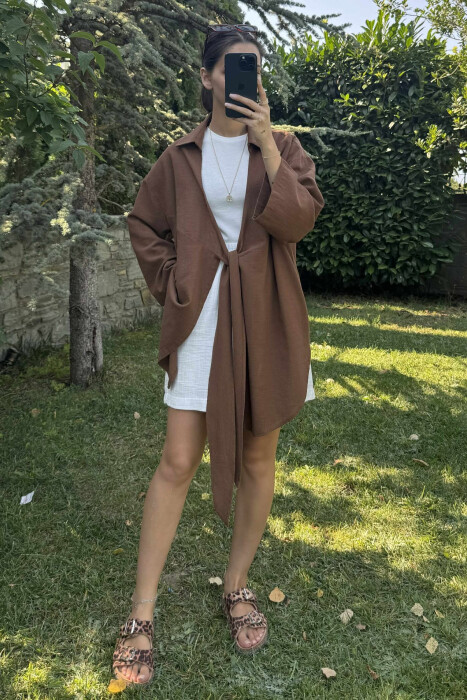 LACING ONE COLOR SIMPLE WOMEN SHIRT BROWN/KAFE 