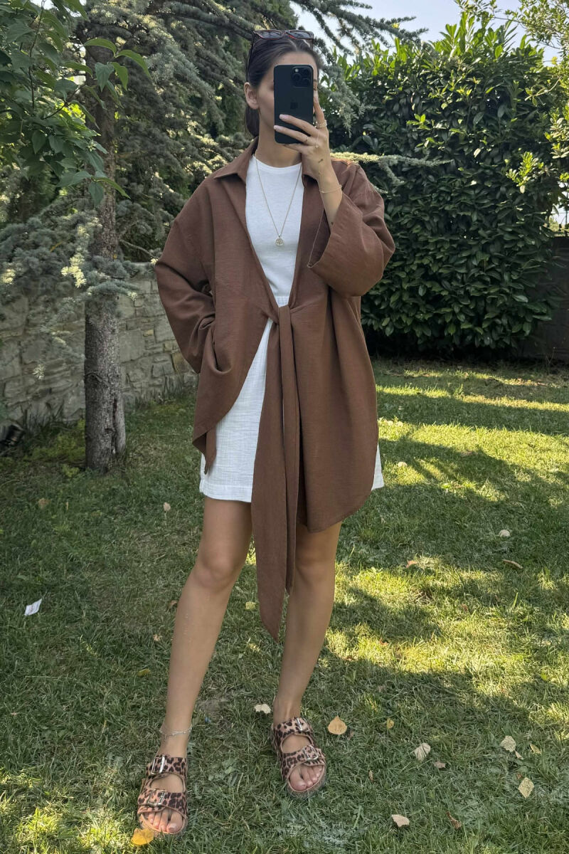 LACING ONE COLOR SIMPLE WOMEN SHIRT BROWN/KAFE - 1