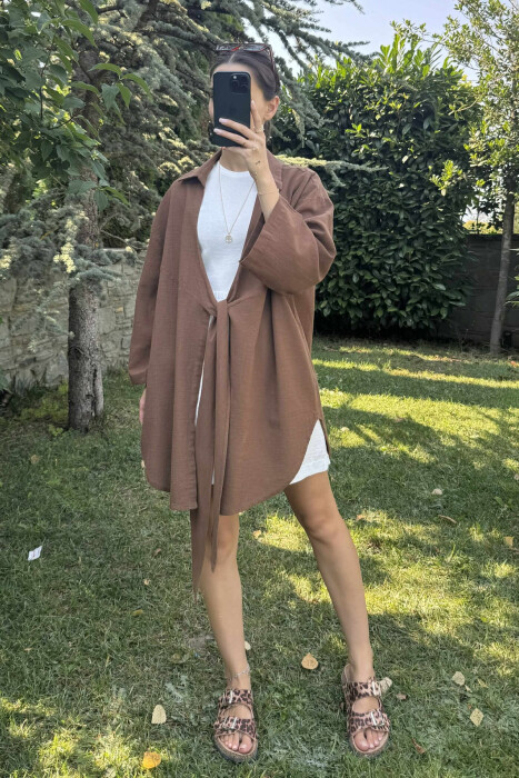 LACING ONE COLOR SIMPLE WOMEN SHIRT BROWN/KAFE - 2