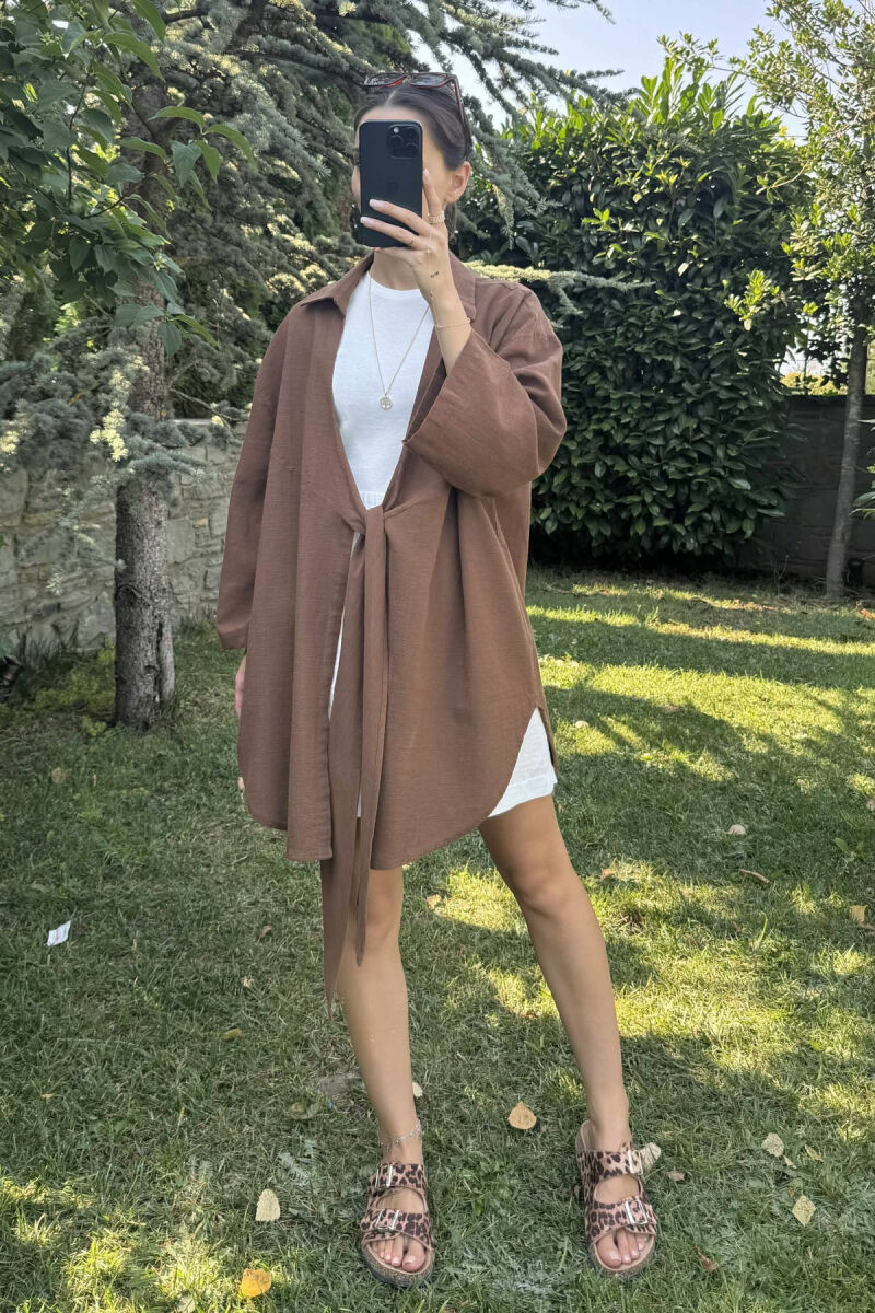 LACING ONE COLOR SIMPLE WOMEN SHIRT BROWN/KAFE - 2