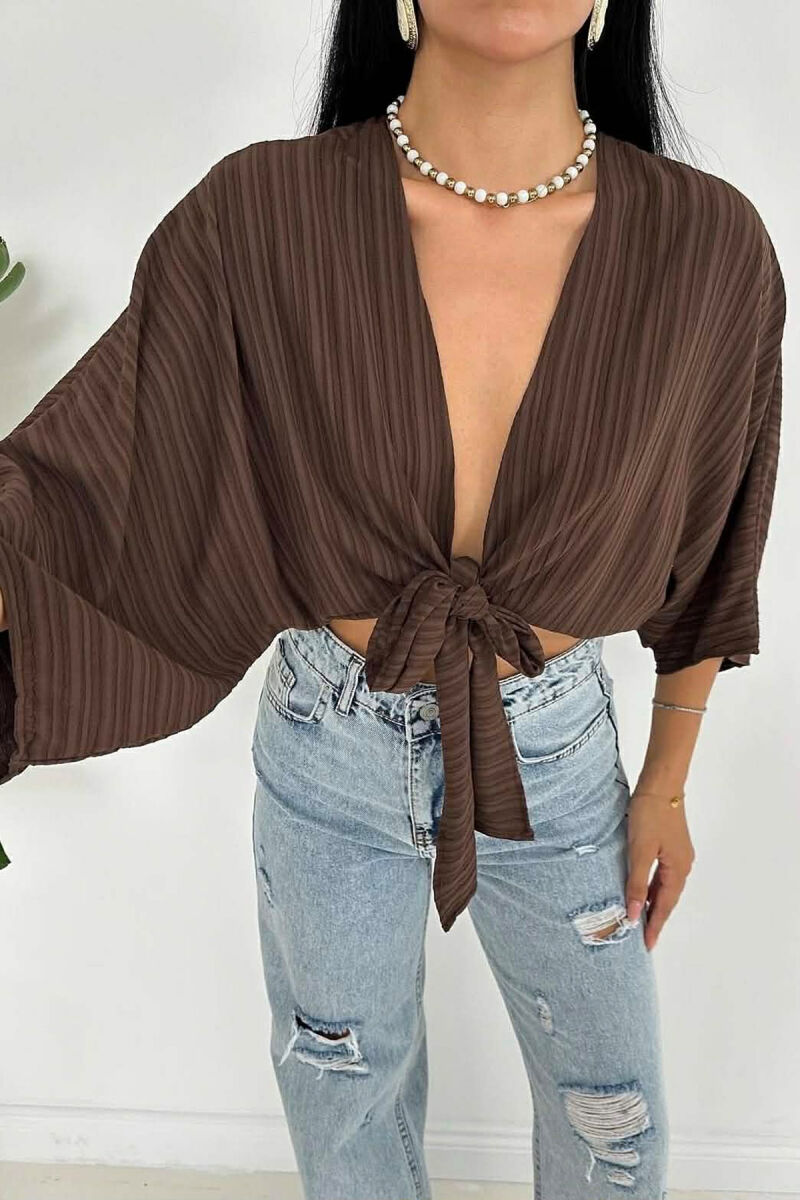 LACING ONE COLOR WOMEN CROP TOP BROWN/KAFE - 1