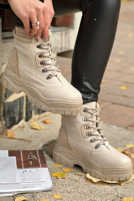 LACING PLATFORM WOMAN ANKLE BOOTS CREAM/KREM - 5