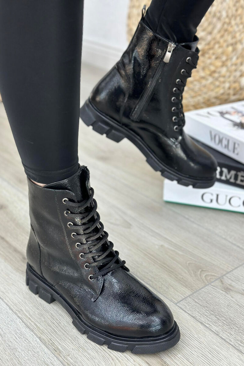 LACING PLATFORM WOMAN ANKLE BOOTS GLOSSY BLACK-ZEZE SHKELQIM - 3