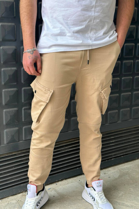 LACING POCKET ONE COLOR MEN CARGO PANTS BEIGE/BEZHE - 3