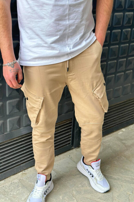 LACING POCKET ONE COLOR MEN CARGO PANTS BEIGE/BEZHE - 4