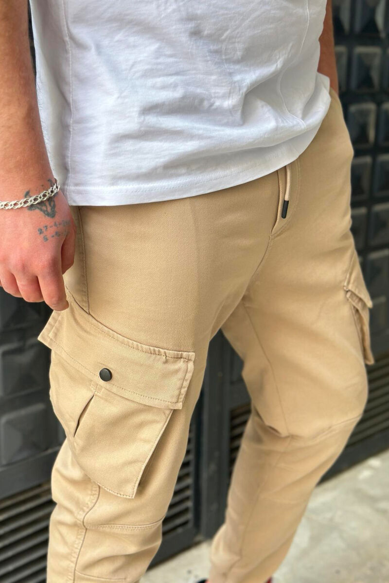 LACING POCKET ONE COLOR MEN CARGO PANTS BEIGE/BEZHE - 5